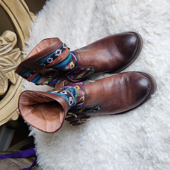 Lucky Brand Western Aztec Tribal Slouchy Tapestry Brown Ankle Pull-On Boots - Picture 2 of 10